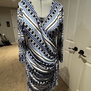 New York & Company Geometric Blue and Black Long Sleeve Dress
